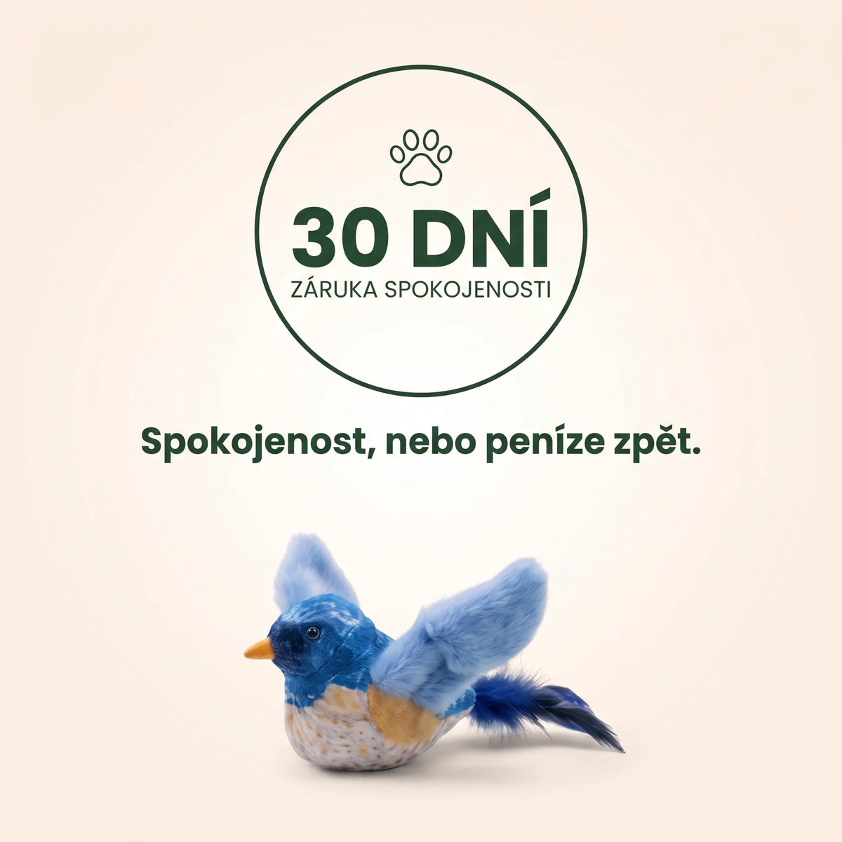 Modrý interaktivní ptáček pro kočky pod nápisem „30 dní – záruka spokojenosti. Spokojenost, nebo peníze zpět.“