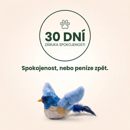 Modrý interaktivní ptáček pro kočky pod nápisem „30 dní – záruka spokojenosti. Spokojenost, nebo peníze zpět.“