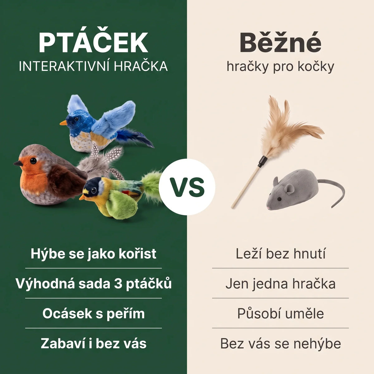 Srovnání interaktivního ptáčka s běžnými hračkami pro kočky